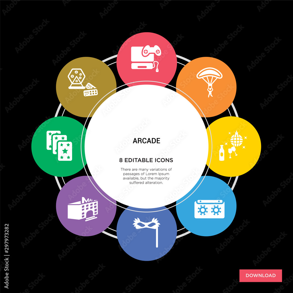 8 arcade concept icons infographic design. arcade concept infographic design on black background 8 arcade concept icons infographic design. arcade concept infographic design on black background