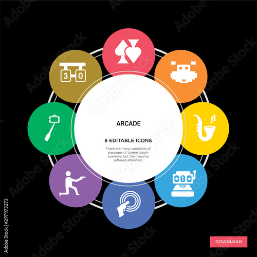 8 arcade concept icons infographic design. arcade concept infographic design on black background
