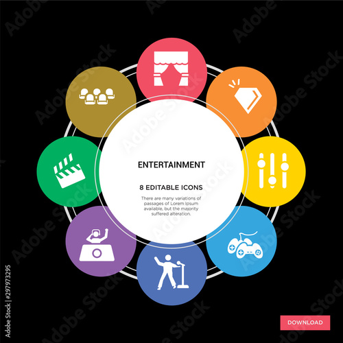 8 entertainment concept icons infographic design. entertainment concept infographic design on black background © t-vector-icons