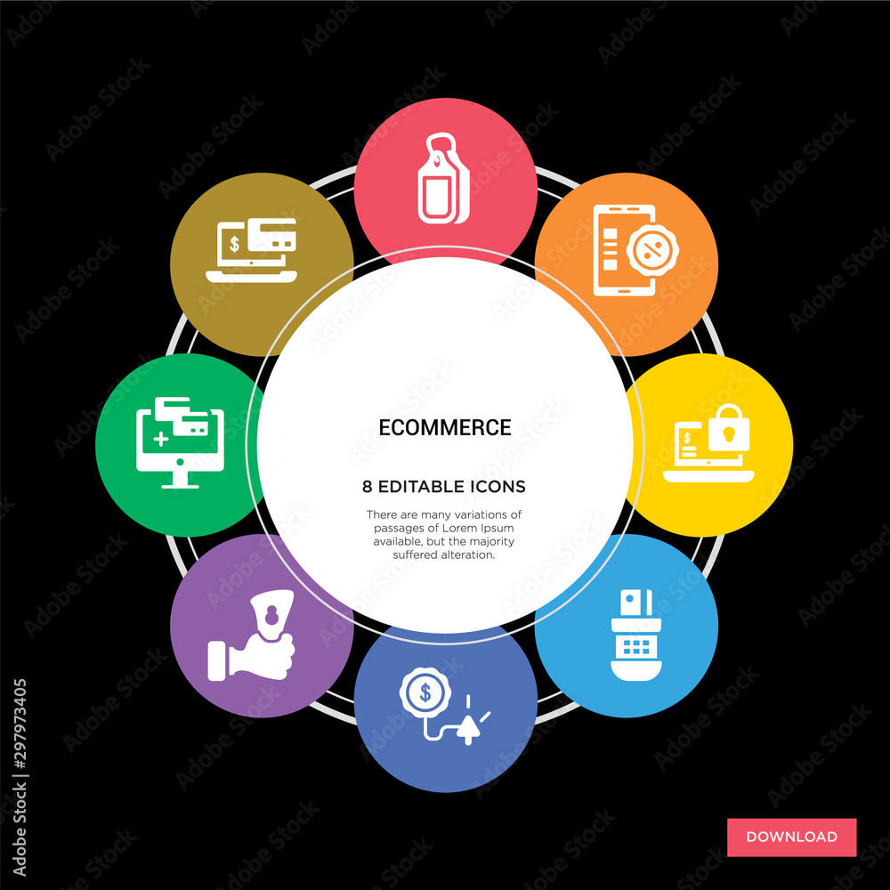 8 ecommerce concept icons infographic design. ecommerce concept infographic design on black background 8 ecommerce concept icons infographic design. ecommerce concept infographic design on black background
