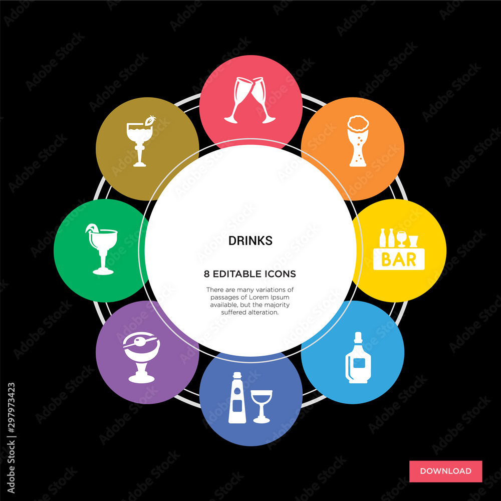 8 drinks concept icons infographic design. drinks concept infographic design on black background 8 drinks concept icons infographic design. drinks concept infographic design on black background