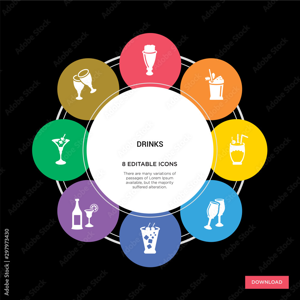 8 drinks concept icons infographic design. drinks concept infographic design on black background 8 drinks concept icons infographic design. drinks concept infographic design on black background