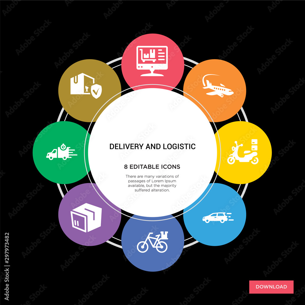 8 delivery and logistic concept icons infographic design. delivery and logistic concept infographic design on black background 8 delivery and logistic concept icons infographic design. delivery and logistic concept infographic design on black background