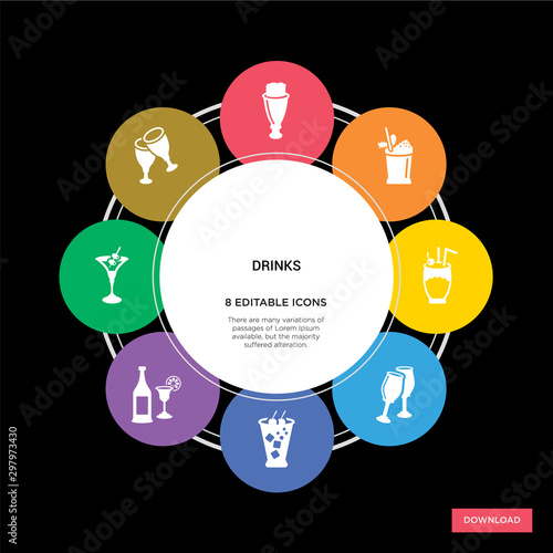 8 drinks concept icons infographic design. drinks concept infographic design on black background