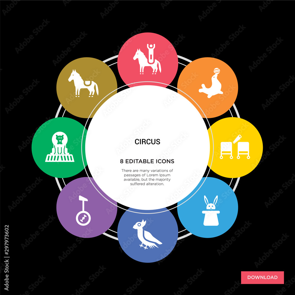 8 circus concept icons infographic design. circus concept infographic design on black background 8 circus concept icons infographic design. circus concept infographic design on black background