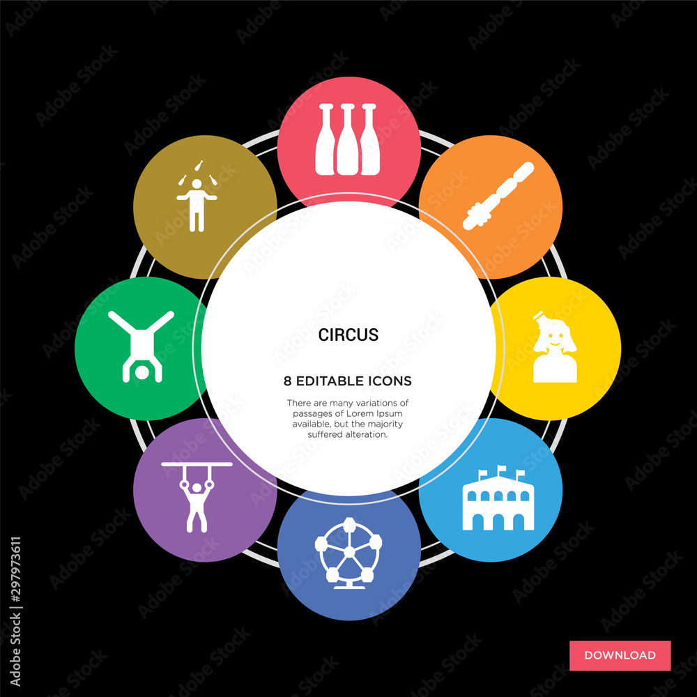 8 circus concept icons infographic design. circus concept infographic design on black background