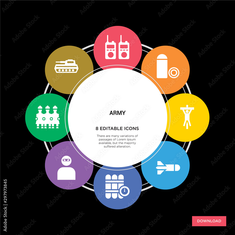 8 army concept icons infographic design. army concept infographic design on black background 8 army concept icons infographic design. army concept infographic design on black background