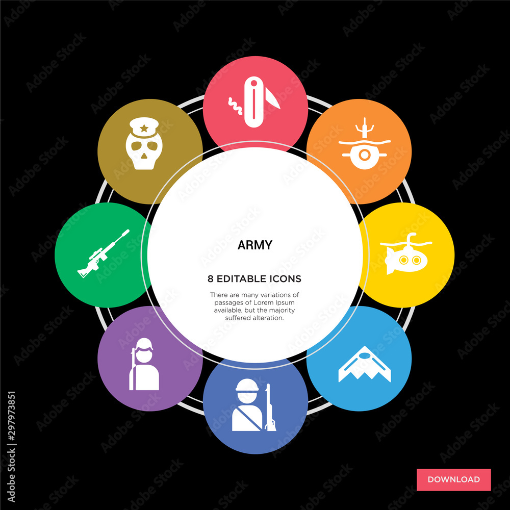 8 army concept icons infographic design. army concept infographic design on black background