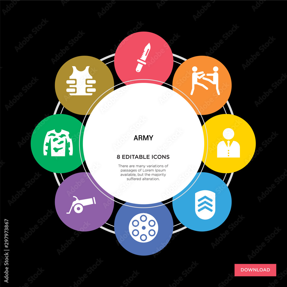 8 army concept icons infographic design. army concept infographic design on black background 8 army concept icons infographic design. army concept infographic design on black background