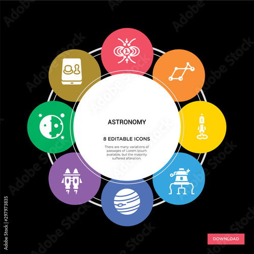 8 astronomy concept icons infographic design. astronomy concept infographic design on black background