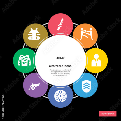 8 army concept icons infographic design. army concept infographic design on black background