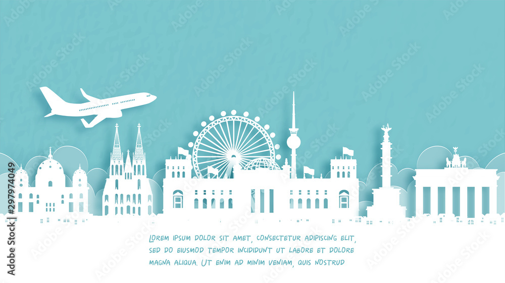 Travel poster with Welcome to Germany famous landmark in paper cut style vector illustration.