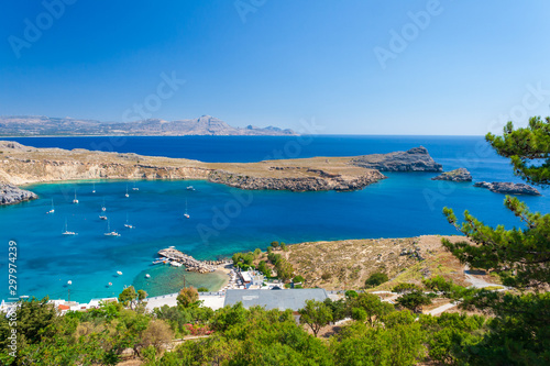 Sea ​​bay with boats near Lindos on the island of Rhodes