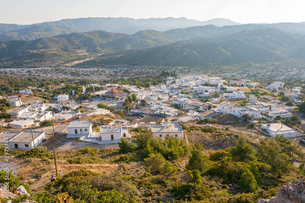 Small Greek village Asklipio architecture panorama in summer, Greece.