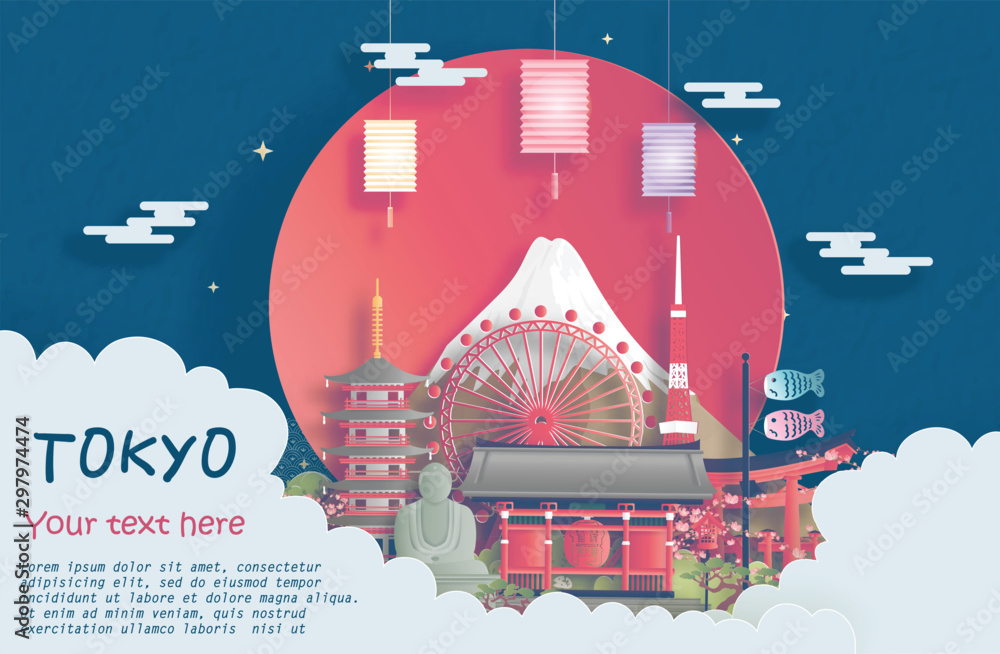 Εκτύπωση καμβά Travel poster of world famous landmarks of Tokyo, Japan in paper cut style vecto