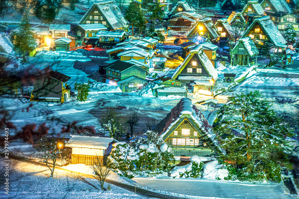 The landscape of Japan. World Heritage Site Shirakawago twightlight. Historic Village of Shirakawago in winter. Gifu, Japan