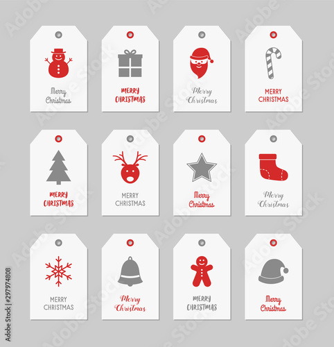 Simple Christmas gift tags with festive elements. Xmas decorations with wishes. Vector