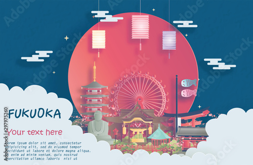 Travel poster of world famous landmarks of Fukuoka, Japan in paper cut style vector illustration