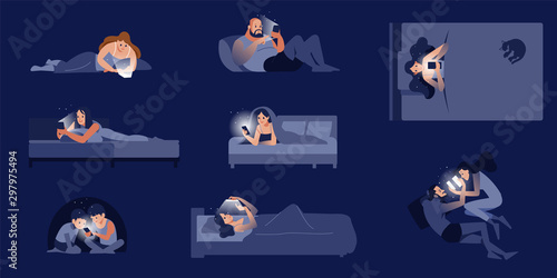 A collection of cute people lying on the bed talking on the phone. Lots of men and women chatting on social networks. Colorful flat cartoon style isolated vector illustration.