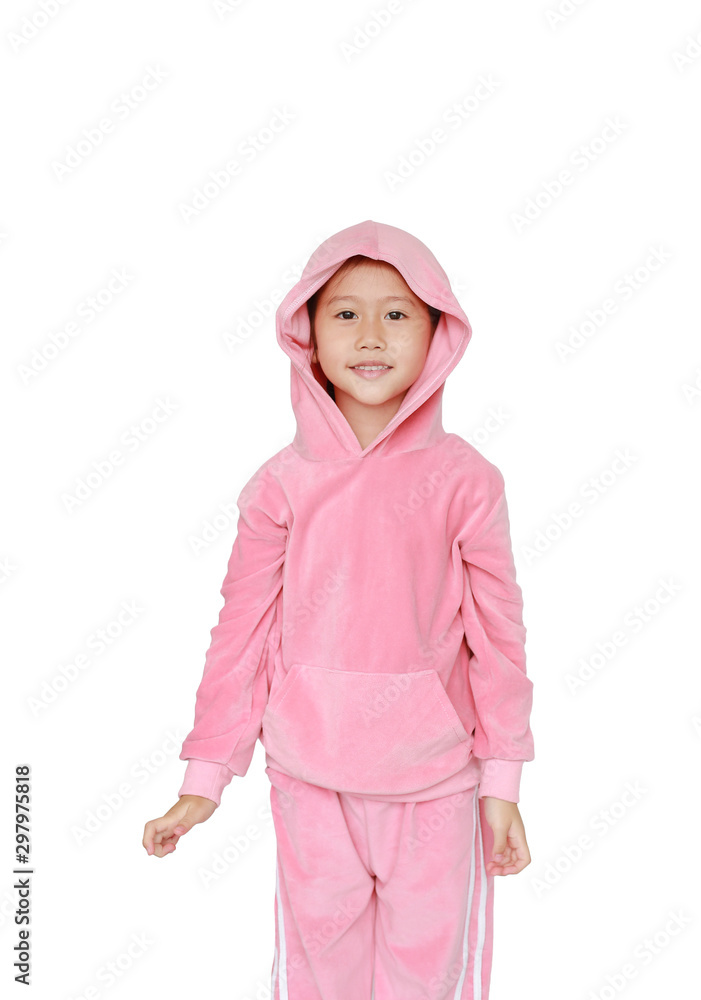 Adorable little Asian child girl in pink tracksuit or sport cloth with hood on head isolated on white background. Portrait half-length of kid girl. Adorable little Asian child girl in pink tracksuit or sport cloth with hood on head isolated on white background. Portrait half-length of kid girl.