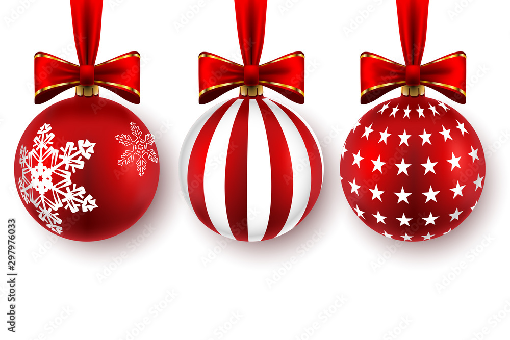 Set of Beautiful Christmas red balls with bows isolated on white background. - obrazy, fototapety, plakaty 