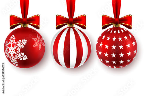 Set of Beautiful Christmas red balls with bows isolated on white background.