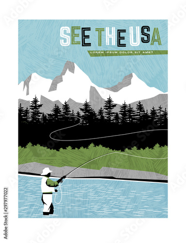 Retro style travel poster design for the United States.  Man fly fishing in stream with mountain backdrop. Limited colors, no gradients, texture overlay.