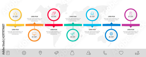 Vector infographic flat template. Circles with arrow for seven diagrams, graph, flowchart, timeline, marketing, presentation. Business concept with 7 labels