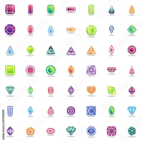 Game diamonds elements collection, flat icons set, Colorful symbols pack contains - treasure crystal stones, emerald, gemstone, ruby precious stone, brilliant. Vector illustration. Flat style design