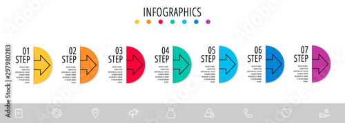 Vector infographic flat template. Semicircle with arrow for seven diagrams, graph, flowchart, timeline, marketing, presentation. Business concept with 7 labels