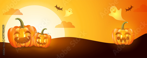 Halloween night banner, vetor illustration of funny horrable pumpkins and small ghost with horrable moon night background. photo