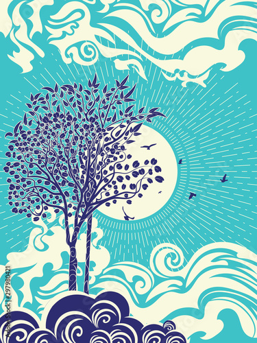 Sunset sea and tree