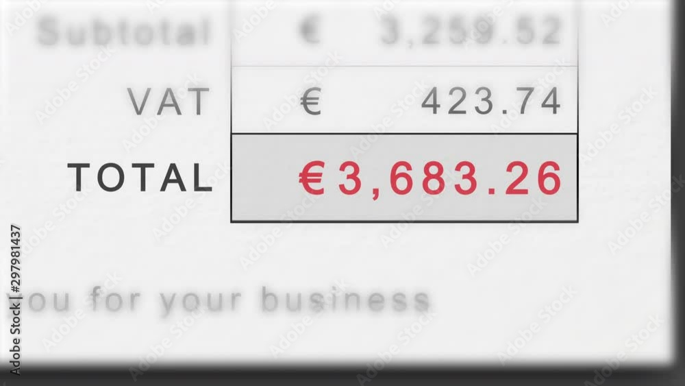 Static animation of a growing invoice total in euros with VAT. Total costs animate ever higher. Total in red.