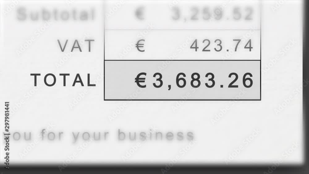 Static animation of a growing invoice total in euros with VAT. Total costs animate ever higher. Static animation of a growing invoice total in euros with VAT. Total costs animate ever higher.
