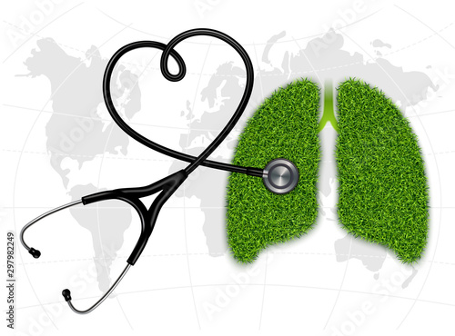 Healthy Lungs pulmonology - a symbolic image with a grass texture and a heart-shaped stethoscope against the backdrop of the globe. Vector graphics.