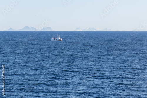 Fishing boat on Lofoten islands in winter