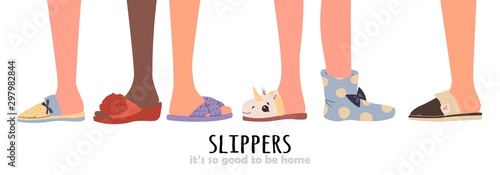 Set of different slippers. illustration with slippers on the feet photo