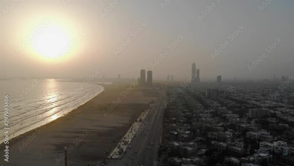 Front View Of Evening Sky And City In Karach Beach - Dolly Right To Left Front View Of Evening Sky And City In Karach Beach - Dolly Right To Left