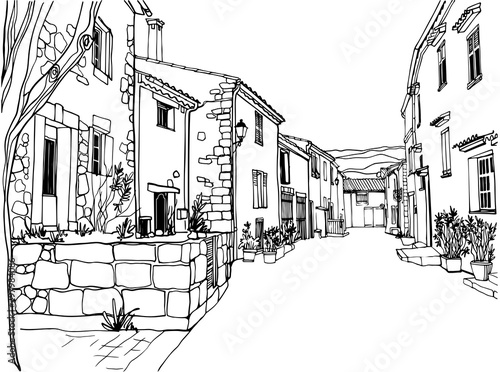 Nice old street in Provence. Urban line sketch. Hand drawn style. Black and white vector illustration on white background.