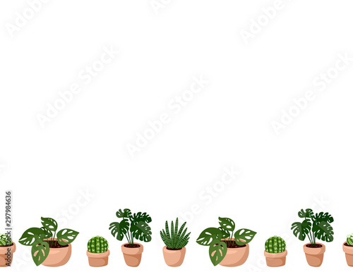 Cute set of hygge potted succulent plants seamless pattern. Letter format lagom scandinavian style decoration background texture tile. Space for text