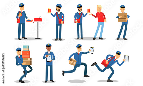 Mailman In Different Daily Postoffice Actions. Delivery Letters, Heavy Parcels And Gifts. Vector Illustration Set Isolated On White Background photo