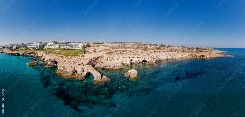 Fototapeta premium Panorama of the coastline of the beach of the Mediterranean sea. Cyprus Ayia NAPA Protaras 2019 Aerial Photography.