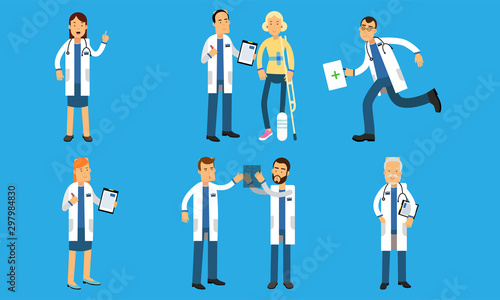Doctors In Different Poses And Actions, Advise, Rush To The Rescue Vector Illustration Set Isolated On Blue Background