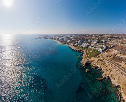 Panorama of the coastline of the beach of the Mediterranean sea. Cyprus Ayia NAPA Protaras 2019 Aerial Photography.
