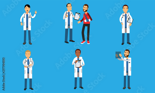 Doctors Accept And Advise Patients, Do Tests. Daily Hospital Routine Vector Illustration Set Isolated On Blue Background