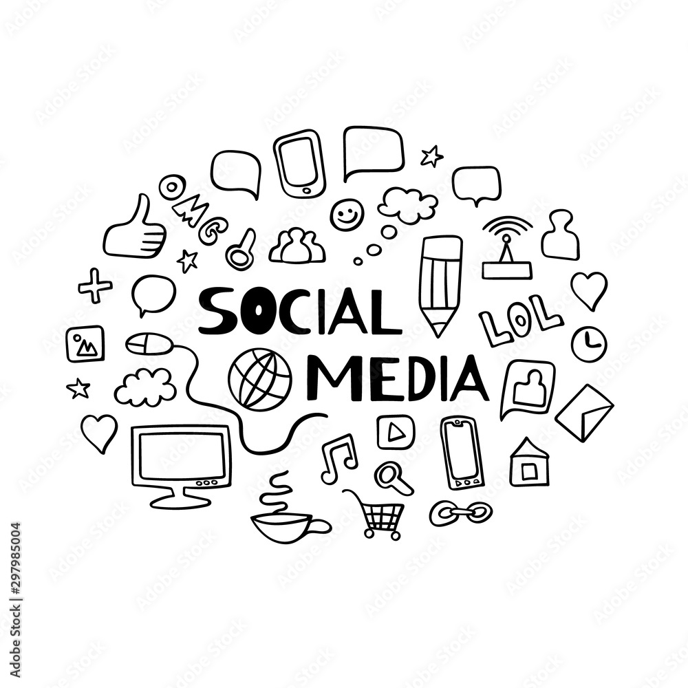 Social media doodle elements. Set of black hand drawn icons with inscription. Vector illustration.