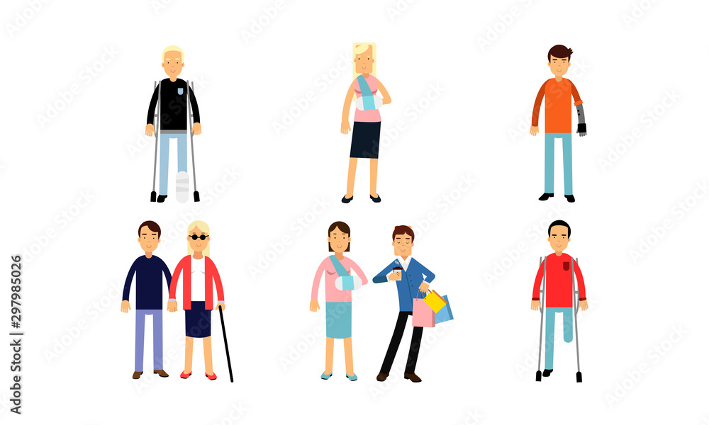 Disabled People On Crutches Or With Prosthesis In Different Poses And Actions Vector Illustration Set Isolated On White Background