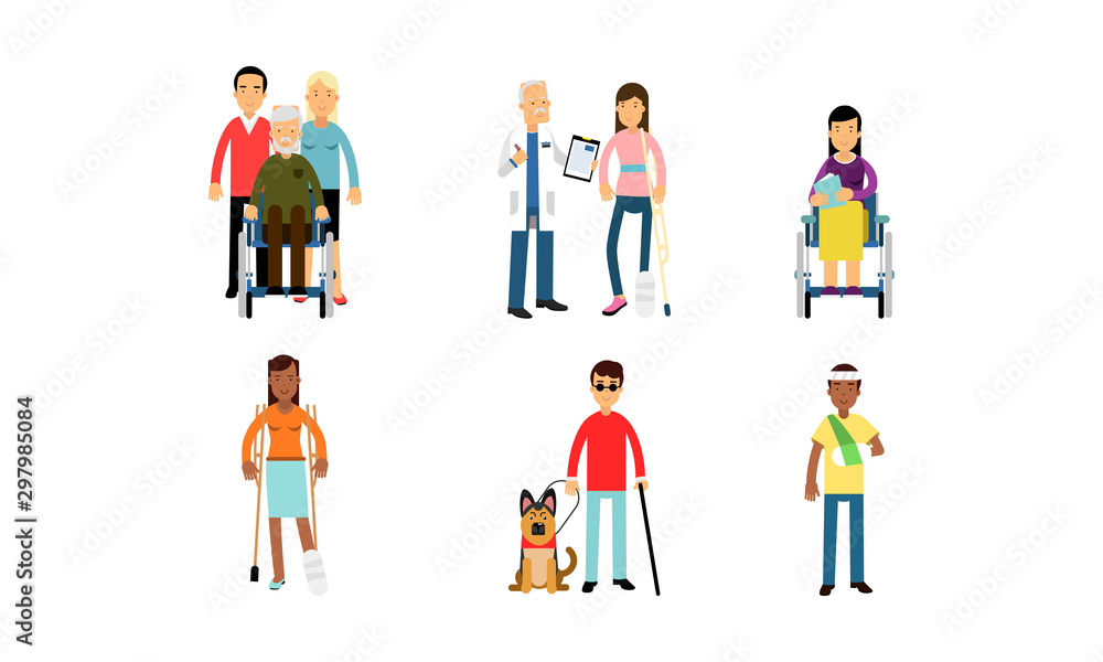 Hopeful Disabled People On Crutches And Wheelchairs Are Living A Normal Life Vector Illustration Set Isolated On White Background