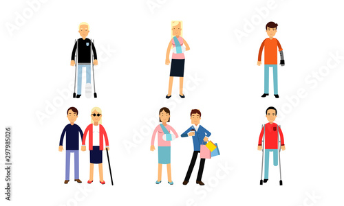 Disabled People On Crutches Or With Prosthesis In Different Poses And Actions Vector Illustration Set Isolated On White Background
