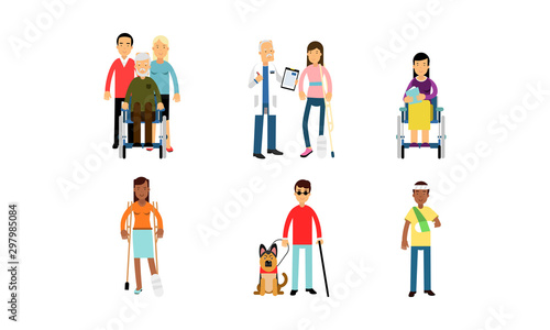 Hopeful Disabled People On Crutches And Wheelchairs Are Living A Normal Life Vector Illustration Set Isolated On White Background